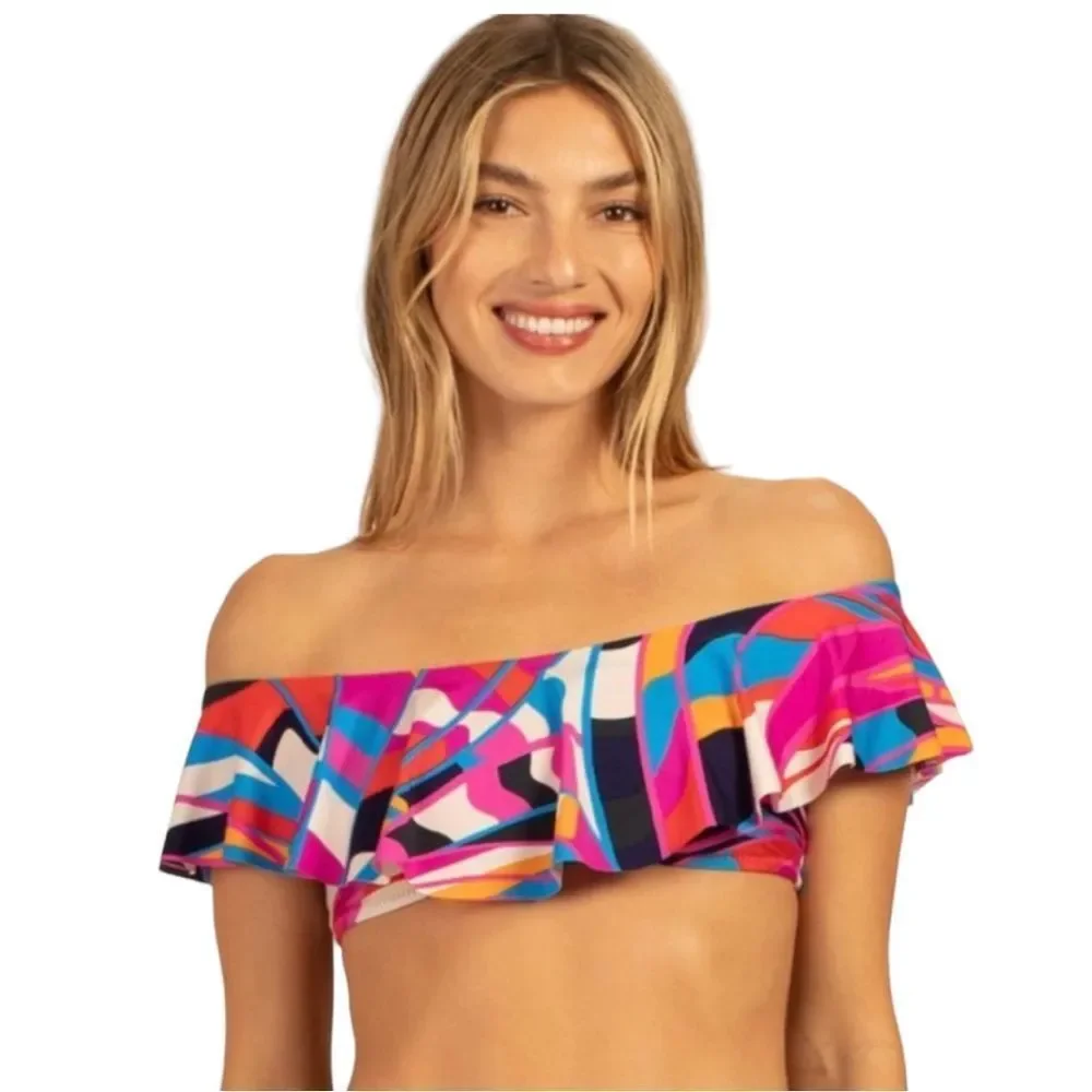 Trina Turk 3 Piece Bikini With REVERSIBLE High Waist Bottom Ruffle Top